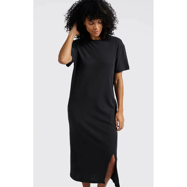 Linen blend T-shirt dress with short sleeves and slit
