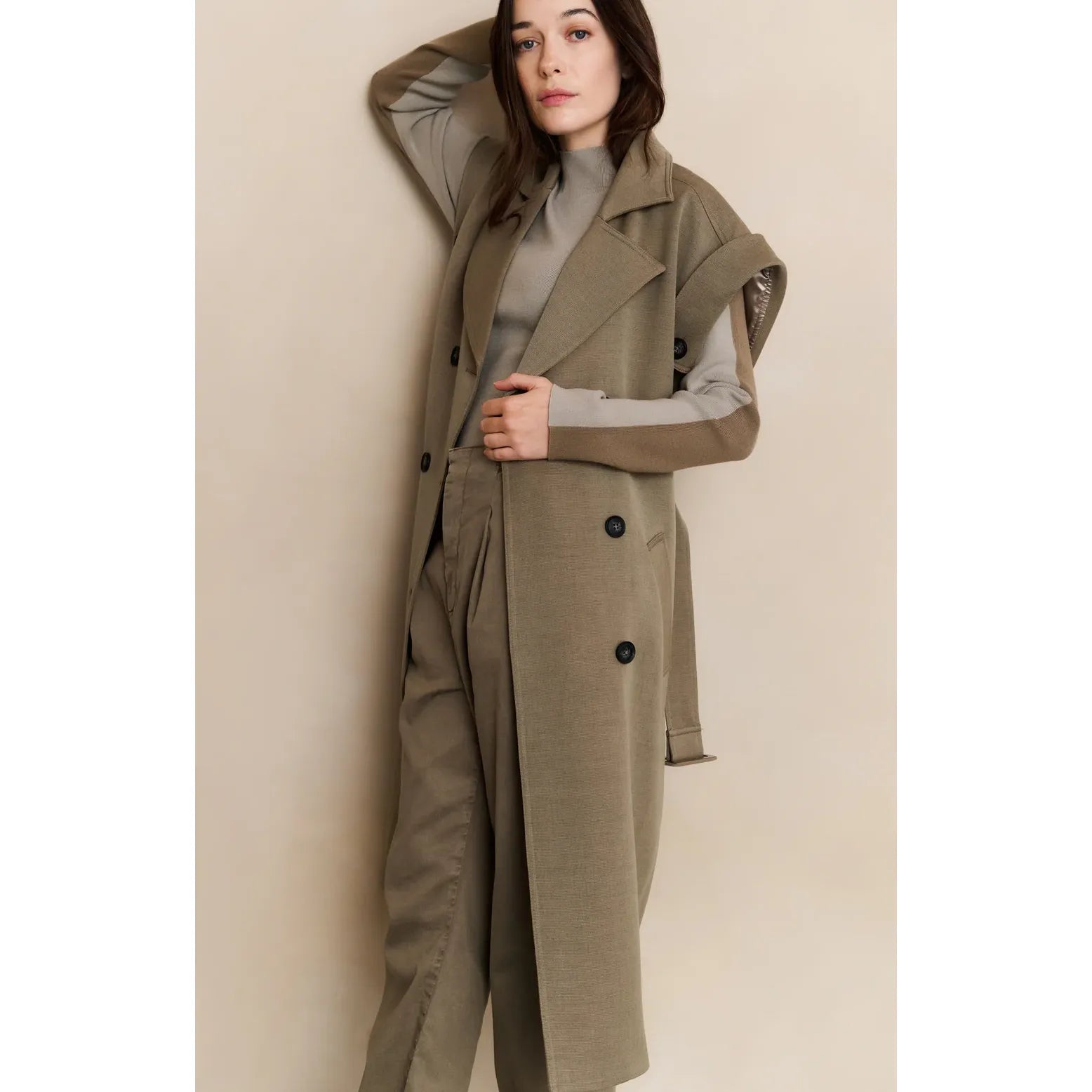 Long Sleeveless Coat with Waist Belt