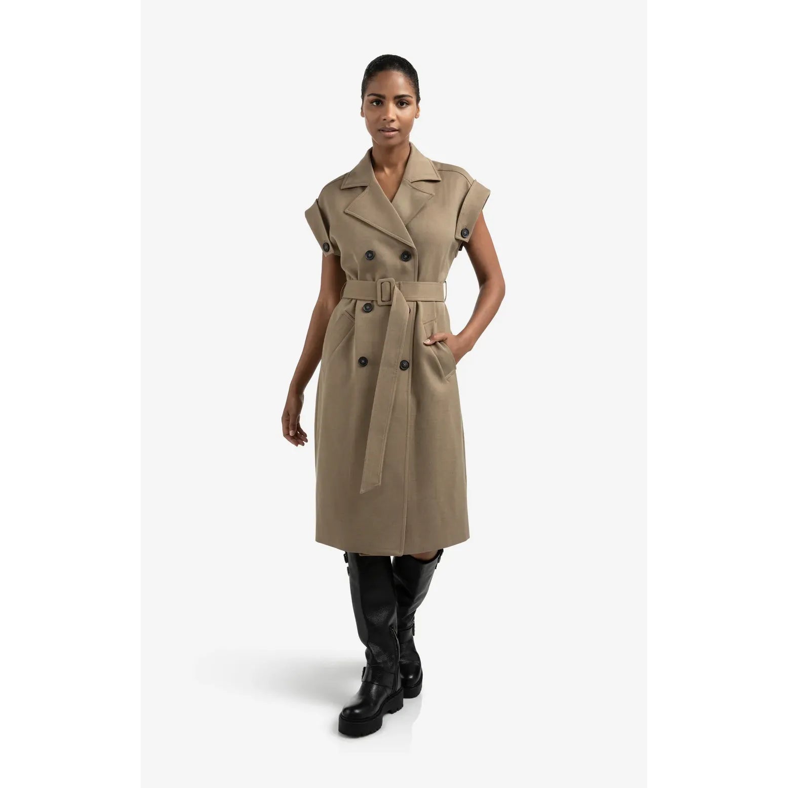 Long Sleeveless Coat with Waist Belt