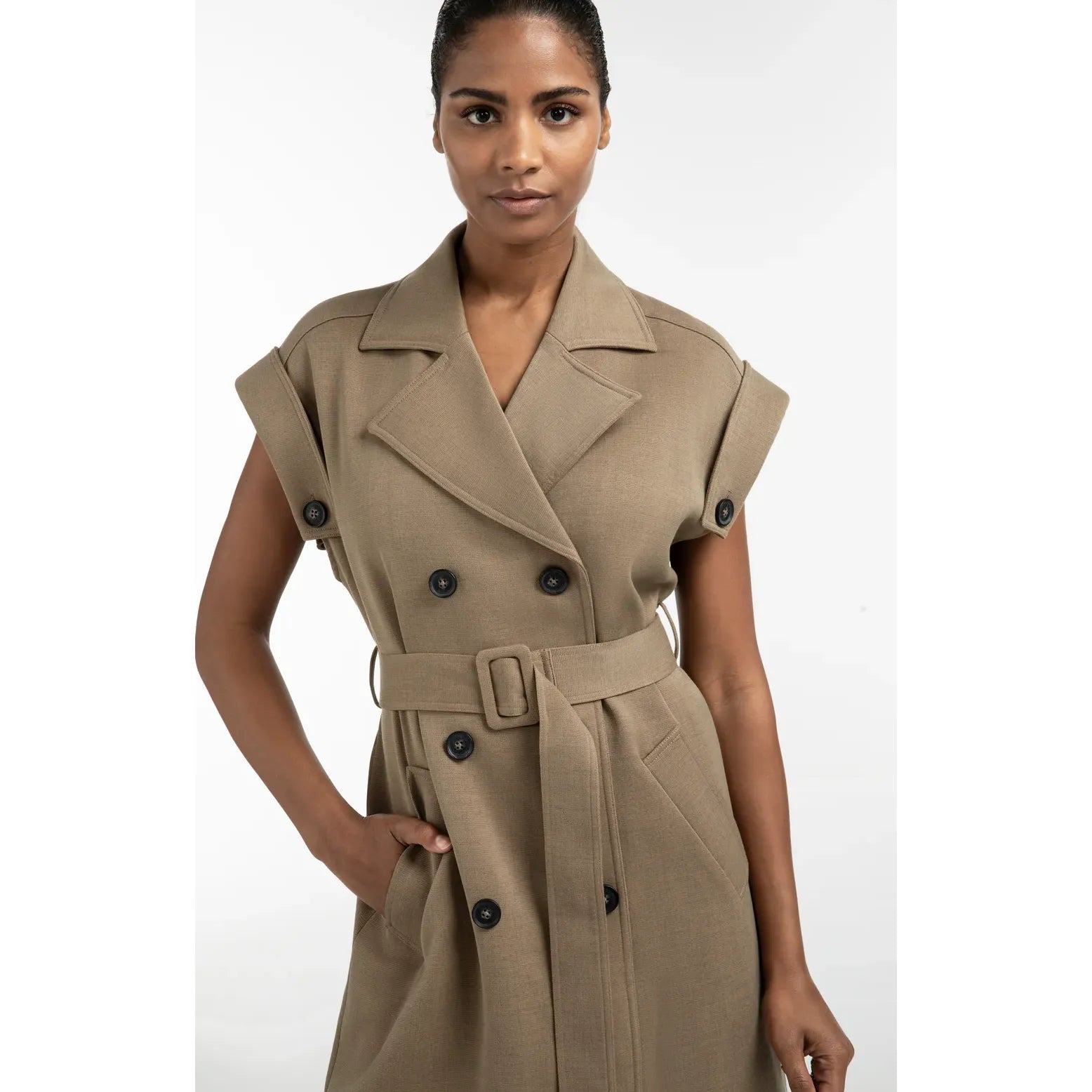 Long Sleeveless Coat with Waist Belt