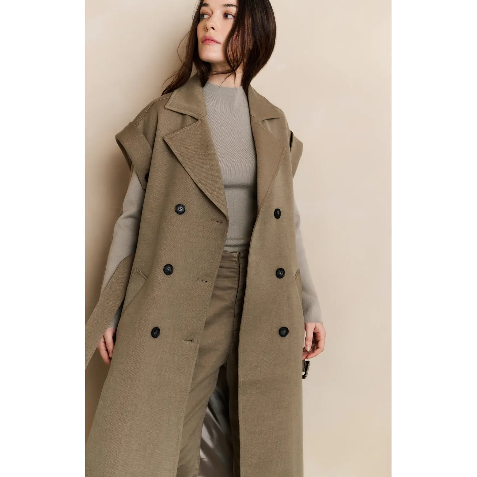 Long Sleeveless Coat with Waist Belt
