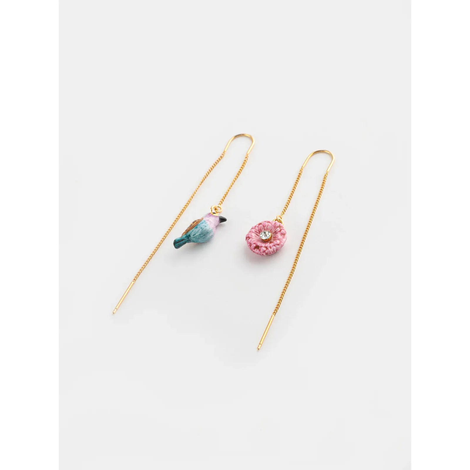 Thistle Flower & Bird Long Earrings