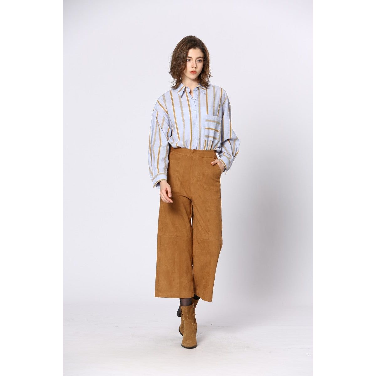 Striped Cotton-Linen Blouse – Light Blue with Golden Stripes