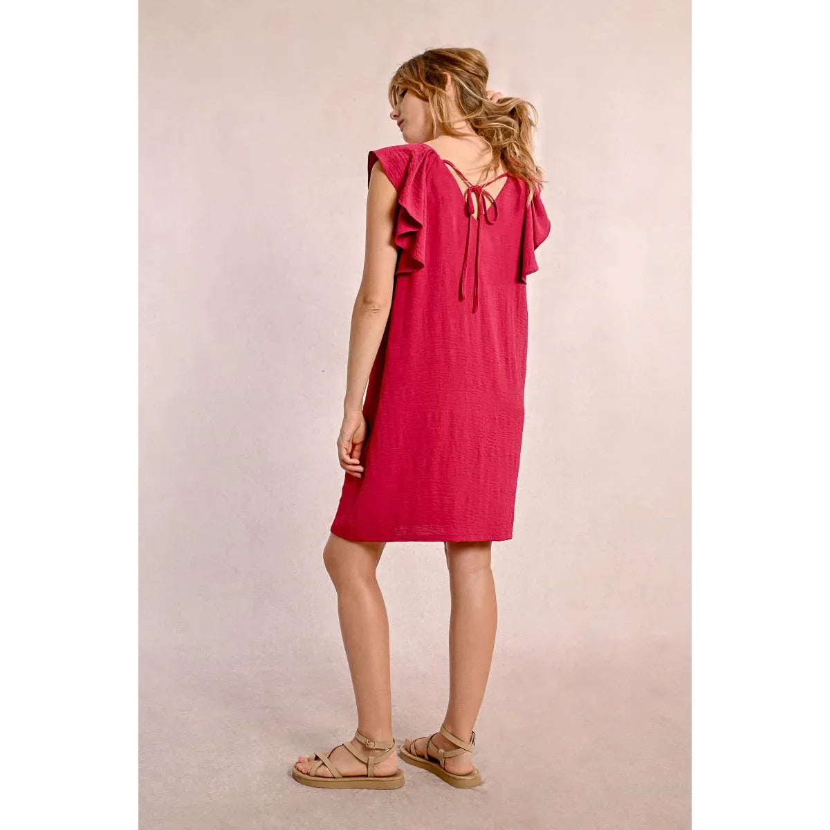 Raspberry Ruffle-Sleeve Mini Dress