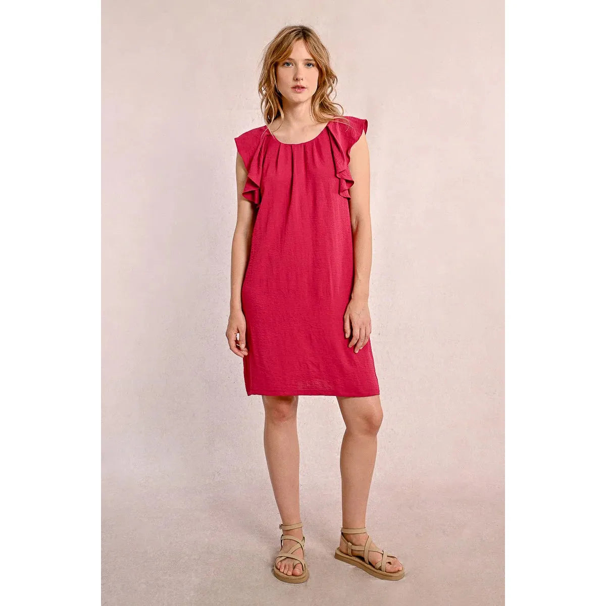 Raspberry Ruffle-Sleeve Mini Dress