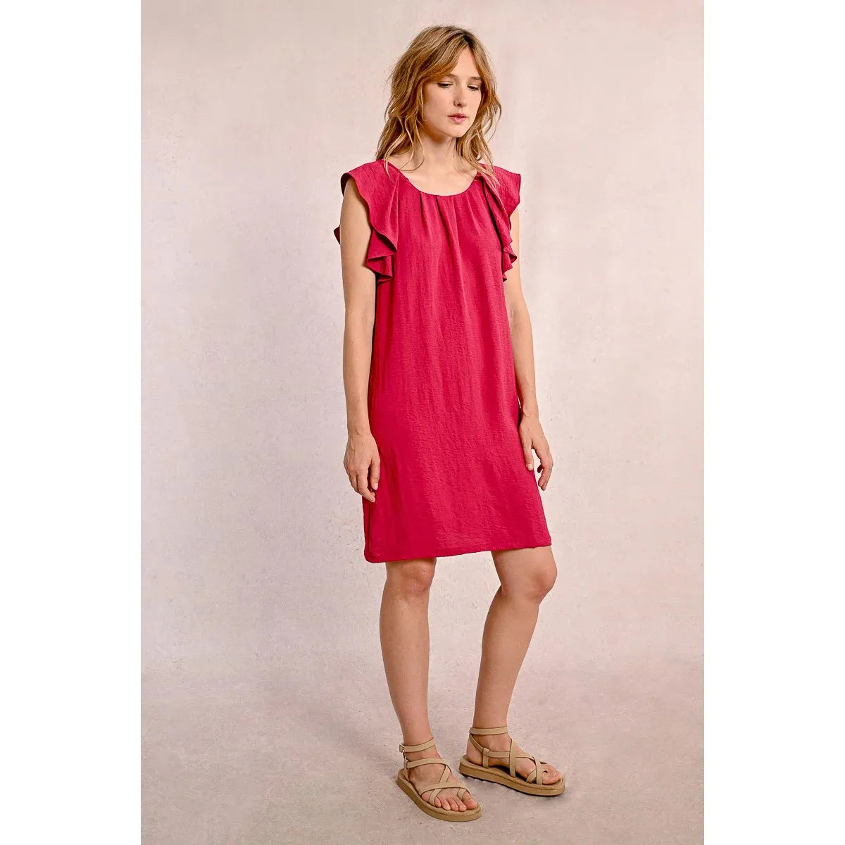 Raspberry Ruffle-Sleeve Mini Dress