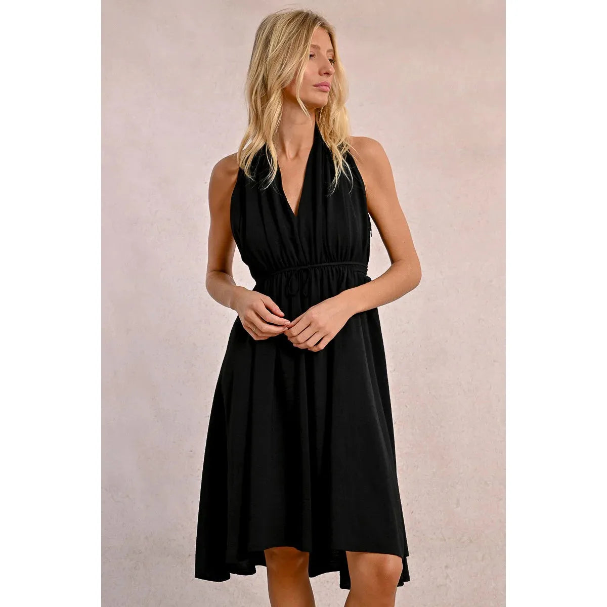 Black Pleated Sleeveless Mini Dress