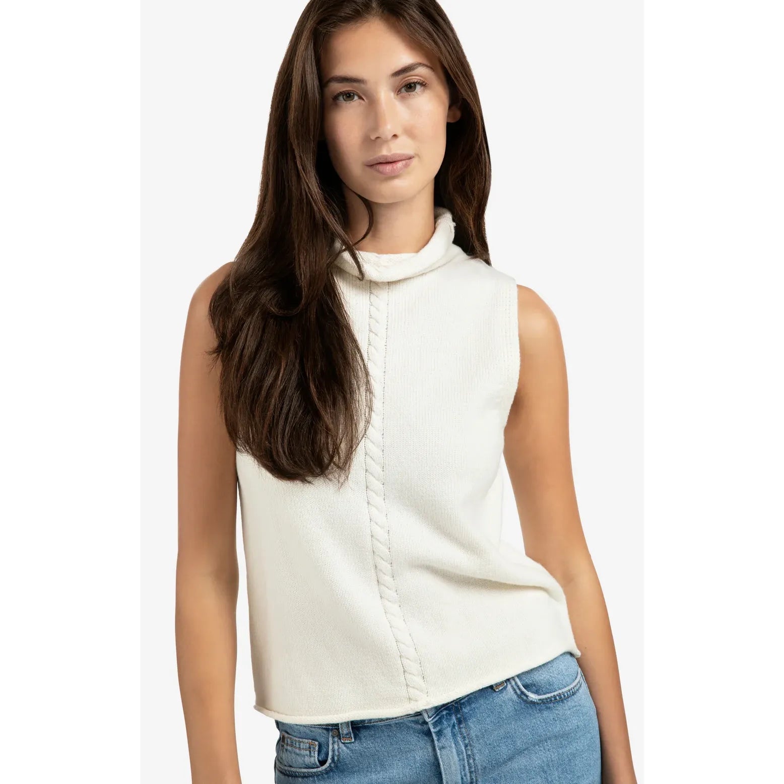 High Neck Sleeveless Sweater with Cable Detail