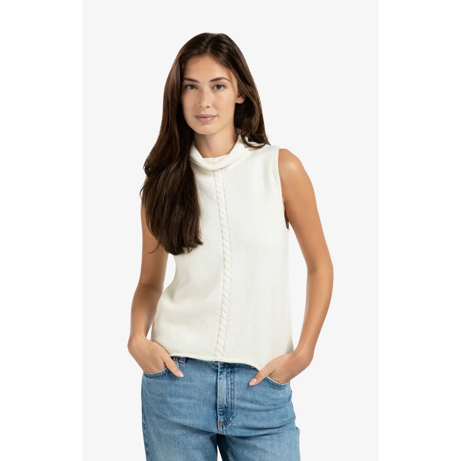High Neck Sleeveless Sweater with Cable Detail