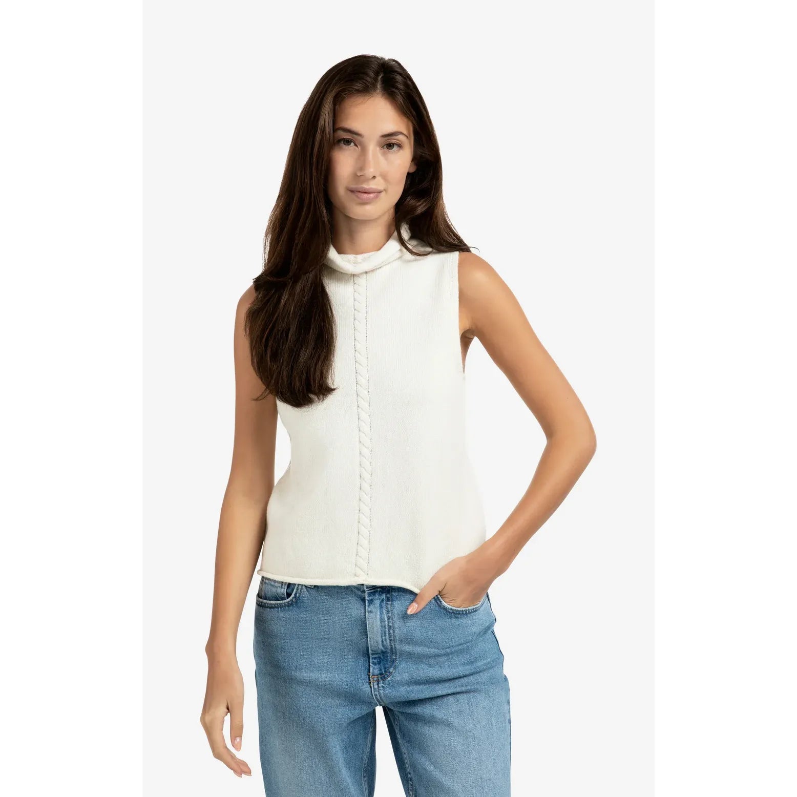 High Neck Sleeveless Sweater with Cable Detail