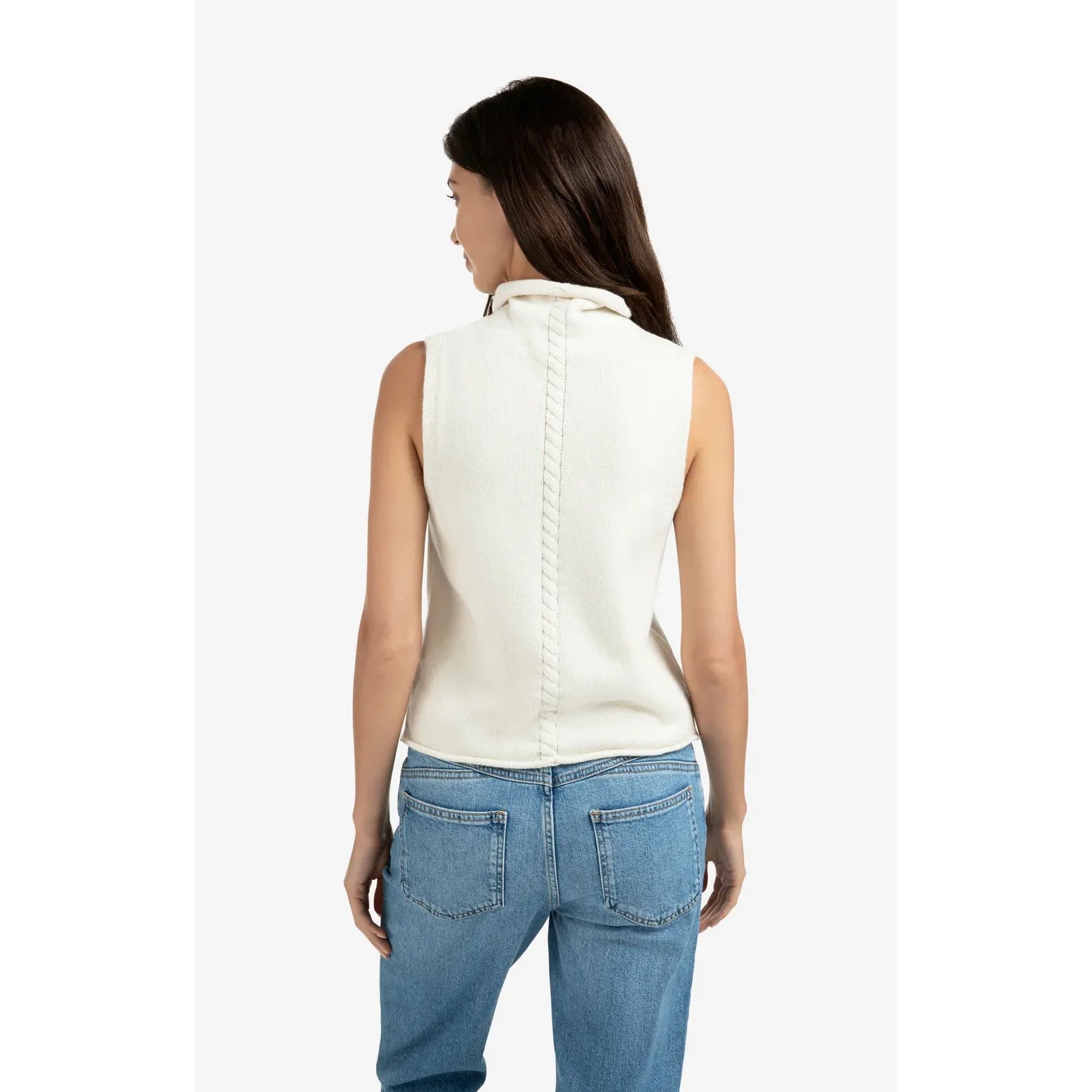 High Neck Sleeveless Sweater with Cable Detail