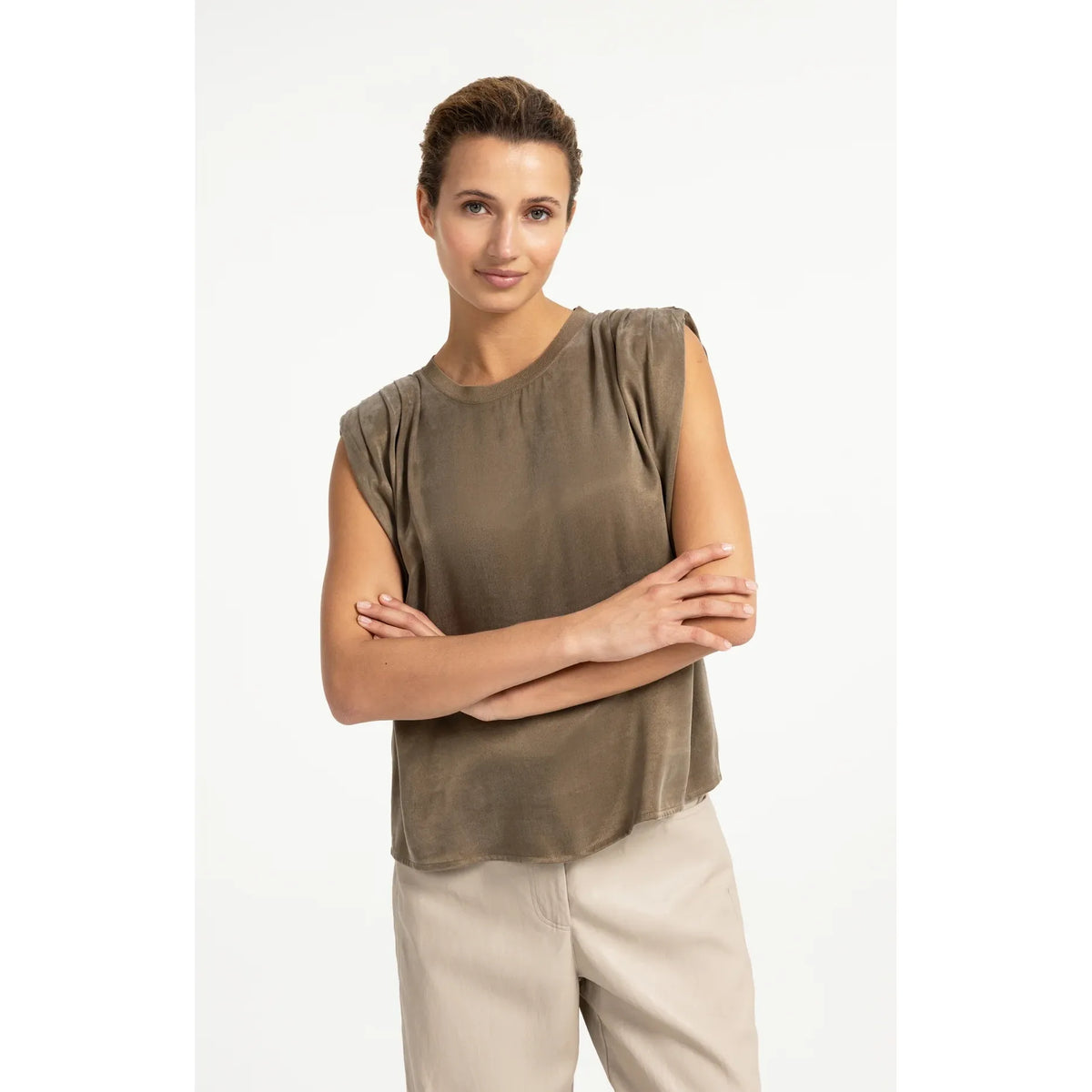 Sleeveless Top w/ Shoulder Pleats