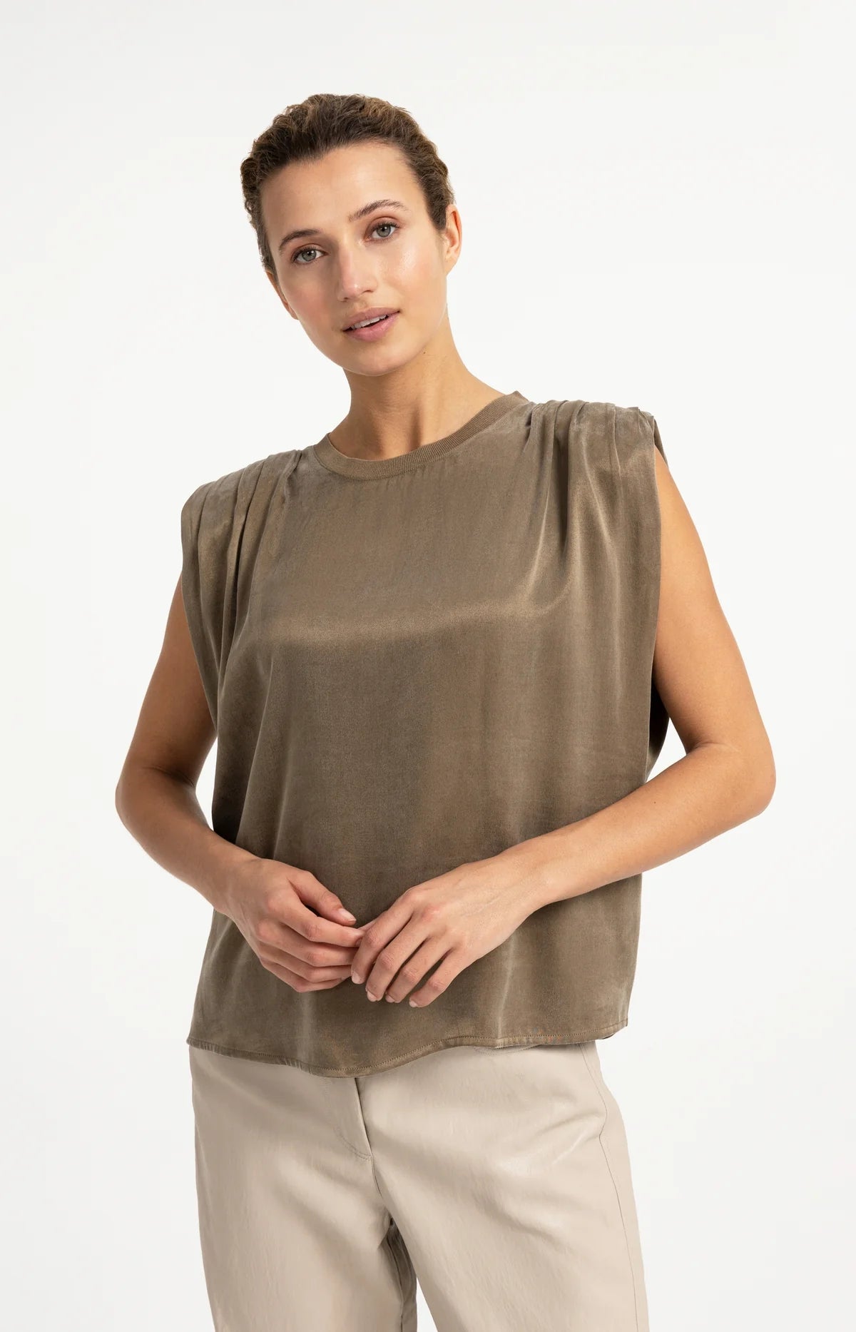 Sleeveless Top w/ Shoulder Pleats