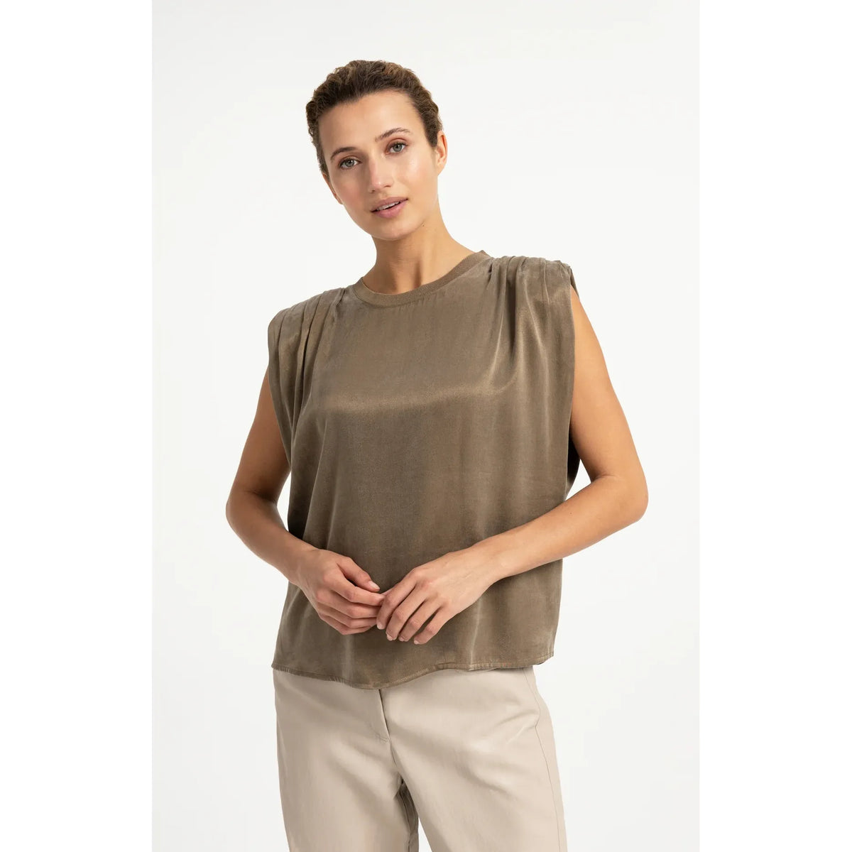 Sleeveless Top w/ Shoulder Pleats