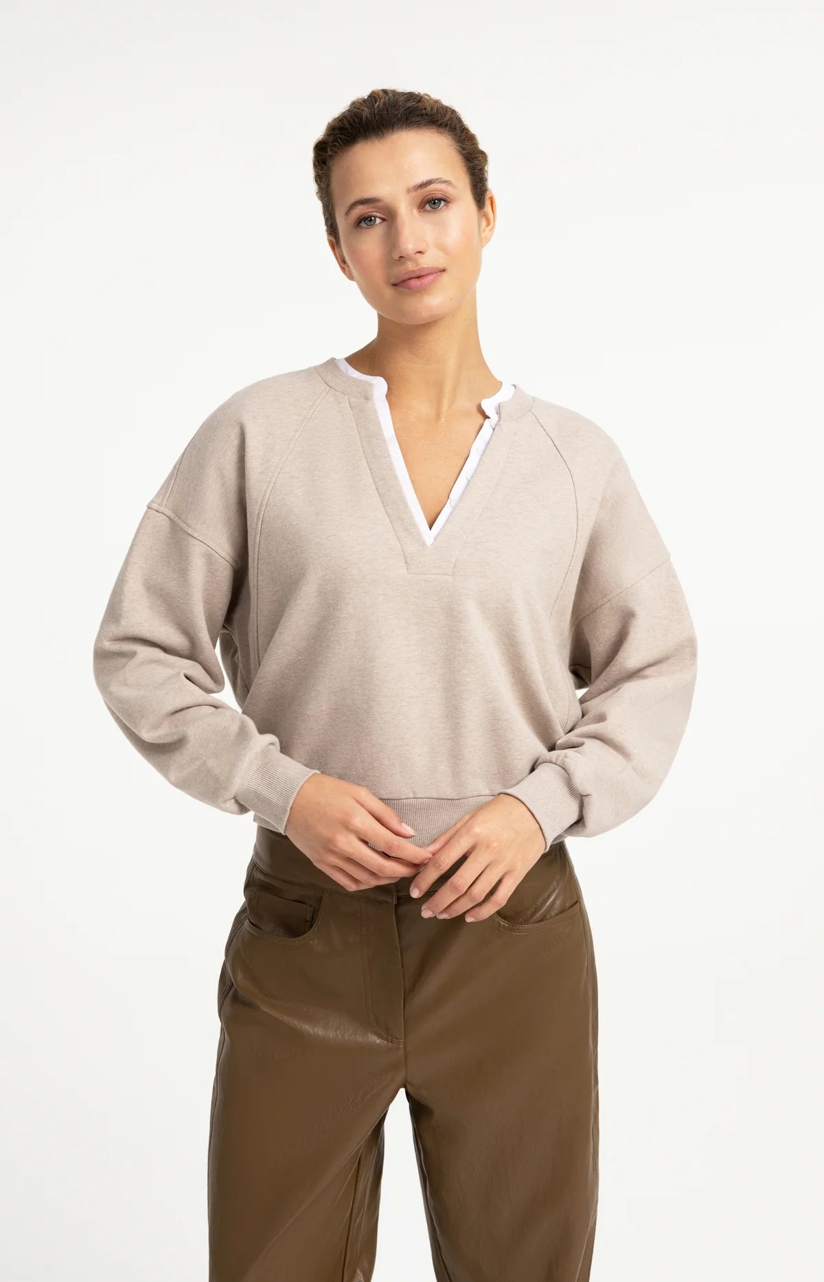 Woven Collar V-Neck Sweatshirt