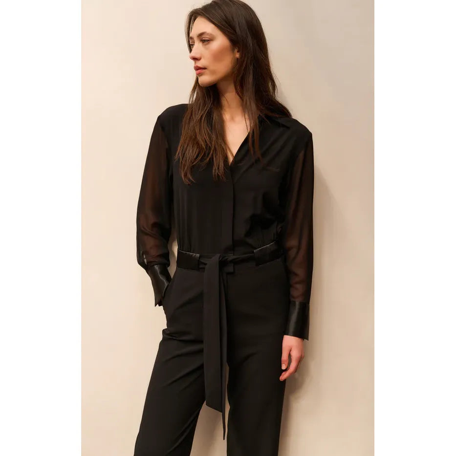Woven Jumpsuit w/ Sheer Sleeves