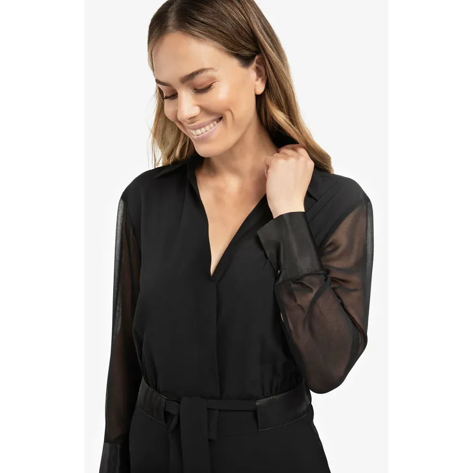 Woven Jumpsuit w/ Sheer Sleeves